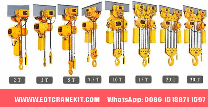 Electric chain hoists of various tonnages including 2 ton, 3 ton, 5 ton, 7.5 ton, 10 ton, 15 ton, up to 32 ton