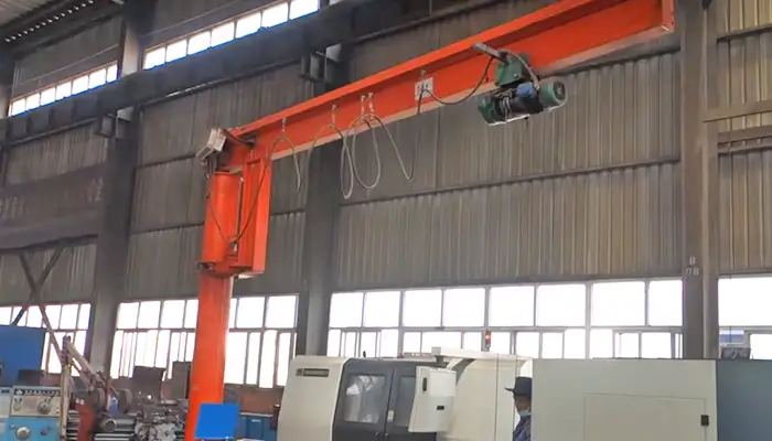 Screen short of freestanding jib crane operation video in the confired space or limited space workshops or workstations for material handling 