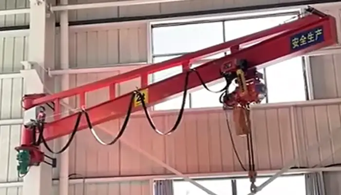 Screen short of the operation video of 2 Ton Wall Mounted Jib Crane | 2.5–6M Span | Motorized 180° Rotation + Remote Electric Chain Hoist
