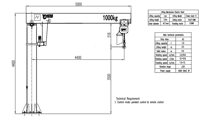 1 Ton Pillar Jib Crane Total Beam Length 5.0m, Valid Radius 4.4m, Total Height 4.4m, Lifting Height 3.5m