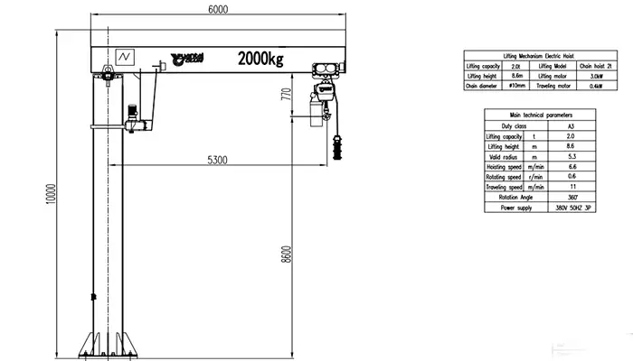 Yuantai Crane BZ 2t Ultra-Tall Pillar Jib Crane Drawing (Valid Radius 5.3m, Total Height 10m, Lifting Height 8.6m, ISO A3)