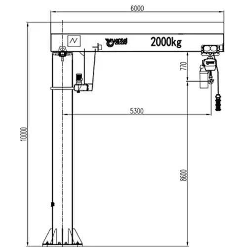2T Ultra-Tall Pillar Jib Crane Drawing | 10m Height, 5.3m Radius