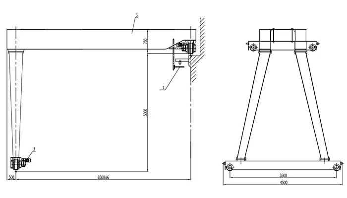 BMGO 14t-6.5m-5m A7 Semi-Gantry Frame Drawing & Technical Parameters - Travel Only, No Hoist Mechanism, No Electric Hoist, Carries 6m Electric Trailer Concrete Pump for Pressure Pipe and Micro Tunneling Pipe Production Workshop