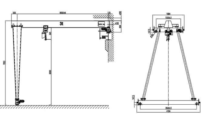 BMHO 3t-9m-6m A5 European Semi-Gantry Crane Drawing European Spec 3t Chain Hoist Single Chain Without Main Beam and Legs Electronic Scale with 5-Inch External Display 9m Span 6m Lifting Height Square Bar Rail 50x30 Single-Stage Conductor Rail Syria Factory 14 Units 3P 415V 50Hz
