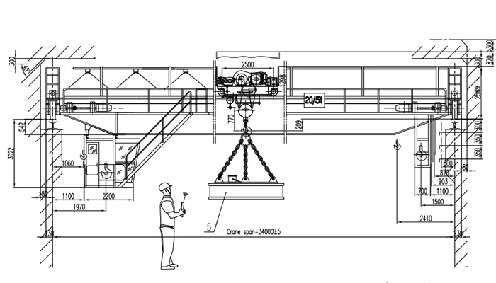 QC 20/5t-34m-20m A7 Electromagnetic Overhead Crane Drawing Double Girder Overhead Crane with Electromagnetic Devices High Temperature Magnetic Chuck 650°C Steel Ingot 20 Ton Main Hook 5 Ton Auxiliary Hook 34m Span 20m Lifting Height Cabin Control Remote Control Full VFD IP54 Industrial AC Rail Top Elevation 16.4m 1 Unit