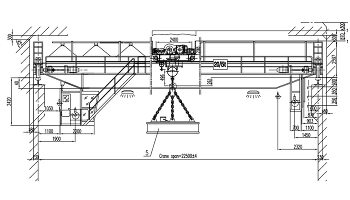 QC 20/5t-22.5m-20/24m A5 Electromagnetic Overhead Crane Drawing Double Girder Overhead Crane with Electromagnetic Devices 20 Ton Main Hook 5 Ton Auxiliary Hook 22.5m Span 20/24m Lifting Height Cabin Control Hot Cold AC 4 Bridge Lights 1 Trolley Light 80m/min Long Travel 40m/min Trolley 8m/min Hoist -40 to 40°C 109m Runway KR70 Rail Magnetic Chuck Reserved 1 Unit