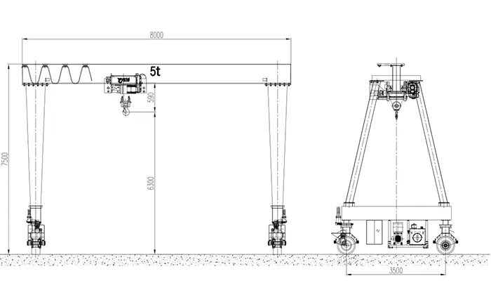 Yuantai 5t Rubber-Tired Gantry Crane Drawing 8m Span 7.5m Total Height 3% Gradient Adaptation A5 Duty Class Tire-Type Mobile Gantry