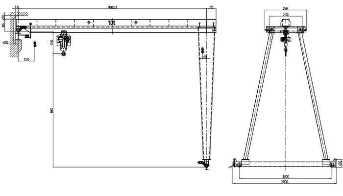 BMH 10t-14m-6m A3 Single Girder Semi-Gantry Crane Drawing 10 Ton Chain Hoist 14m Span 6m Lifting Height Remote Control Column-Supported Runway Beam Runway 14.5m P22 Rail 3P 440V 60Hz 