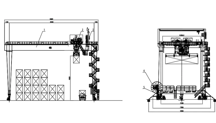 Yuantai 45t Rail-Mounted Gantry Container Crane Drawing 32m Span 16m Lift A6 Rotating Spreader Traveling Cabin Truss Structure P43 Rail 3P 380V 50Hz