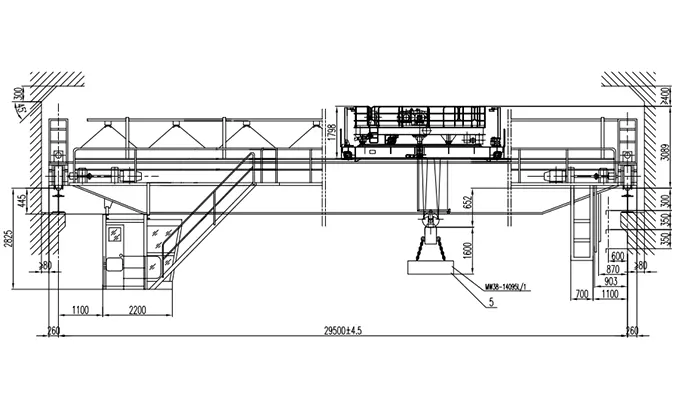 20 ton electromagnetic overhead crane with 29.5m span and 10m+20m lifting heights, rotating trolley, magnetic beam, two magnetic chucks and A8 duty.