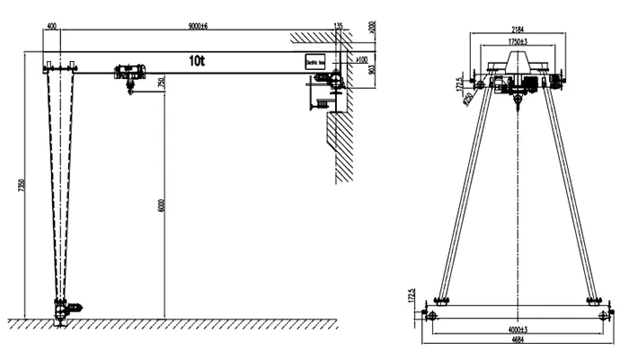 BMHO 10t-9m-6m A5 European Semi-Gantry Crane Drawing Single Girder Semi-Gantry Crane European Spec Hoist 10t Without Column Legs and Main Beam 9m Span 6m Lifting Height Pendant Control P22 Rail 3P 380V 50Hz 1 Unit