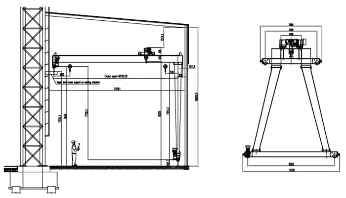 BMGO 7.5t-9.5m-8m A5 Double Girder Semi-Gantry Crane Drawing & Technical Parameters - NR Electric Hoist, Pendant + Remote Control, Vertical Motor Long Travel, Runway 40m, Square Bar Rail 40×40