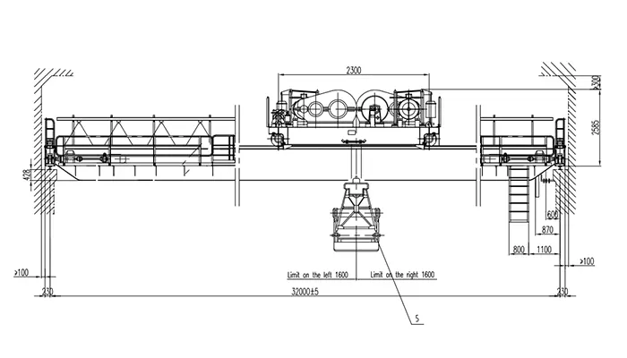 QZ5t-32m-16m A8 cabin control full VFD equipped with 2.5m³ four-rope double flap grab for bulk material handling material density 1.1t/m³