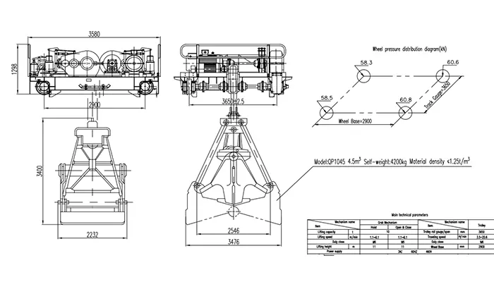 QZ 10t-11m M6 Double Girder Grab Crane Drawing 10t Capacity 11m Span 3.65m Track Gauge Double Flap Mechanical Grab Galvanized Wire Rope Full VFD Siemens Germany Outdoor 50°C Coal Handling