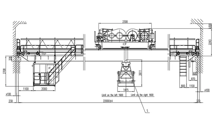 QZ 5t-22m-12m A6 Double Girder Grab Crane Drawing 5t Capacity 22m Span 12m Lift Four Rope Grab 1.2m³ Cabin Control 72m 3P 400V 50Hz