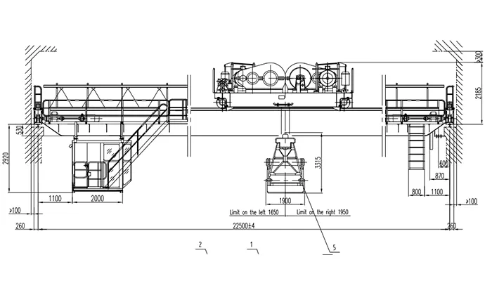 QZ 10t-22.5m-30m A6 Double Girder Grab Crane Drawing 10t Capacity 22.5m Span 30m Lift Four Rope Grab 3m³ Cabin Control 3P 400V 50Hz
