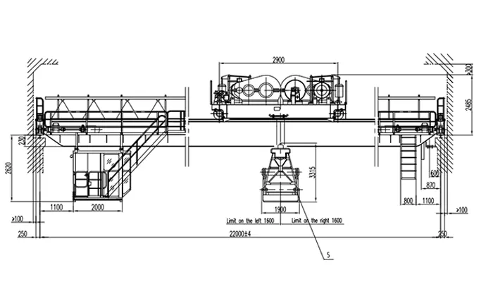 QZ 10t-22m-12m A6 Double Girder Grab Crane Drawing 10t Capacity 22m Span 12m Lift U50 Four Rope Grab 3m³ Full VFD Cabin Control 72m Travel Outdoor Shed 0-55°C Gypsum Cement Additives 3P 415V 50Hz