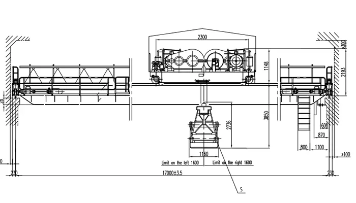 QZ 5t-17m-15m A6 Double Girder Grab Crane Drawing 5t Capacity 17m Span 15m Lift Four Rope Grab 0.5m³ U102 Material Density 2.8t/m³ Pendant Remote Control Outdoor 3P 415V 50Hz