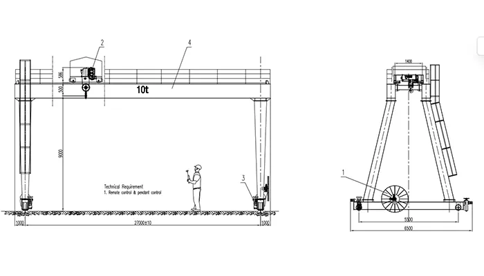 YT-MGO 10t Double Girder Gantry Crane Drawing 27m Span (VFD Hoisting, P43 Rail, 210m Travel)