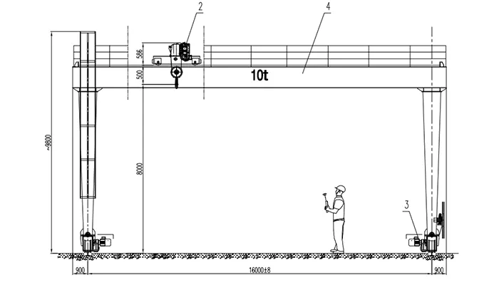 YT-MGO 10t Indoor Double Girder Gantry Crane Drawing 16m Span (12m Height Limit, Concrete Slab Lifting)