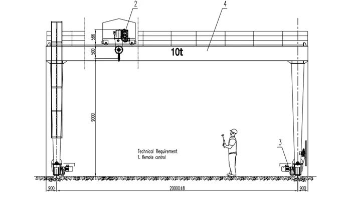 YT-MGO 10t Double Girder Gantry Crane Drawing 20m Span (Wireless Remote, P38 Rail)