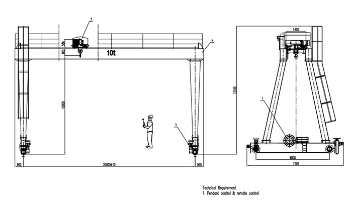 YT-MGO 10t Outdoor Double Girder Gantry Crane Drawing 20m Span (10m Lift, Anemometer, 120m Runway)