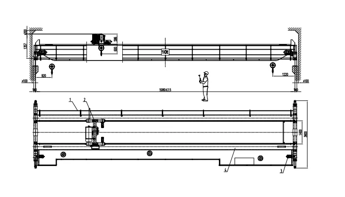Double Girder Overhead Crane 10 Ton S5.08m H8m with Crab Wire Rope Hoist Drawing (10-40 m/min Travel, P30 Rail)