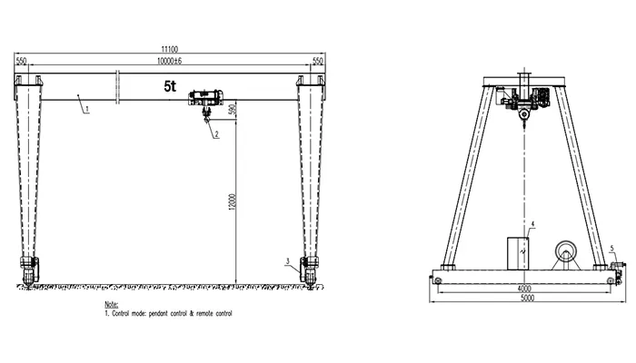 High Lift Gantry Crane 5 Ton S10m H12m Drawing 12m Lifting Height (ISO A5, 380V 50Hz 3P)