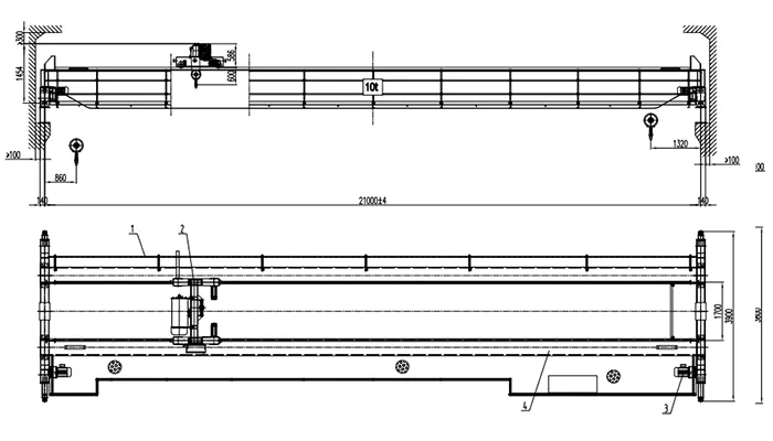 Double Girder Overhead Crane 10 Ton S21m H7m 4 Units SEW Motor CSA Certification 170m Runway Laser Anti-Collision Drawing