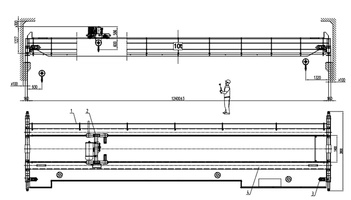 Double Girder Overhead Crane 10 Ton S12.4m H5m 97m Runway with Crab Wire Rope Hoist Drawing (380V 50Hz, P30 Rail)