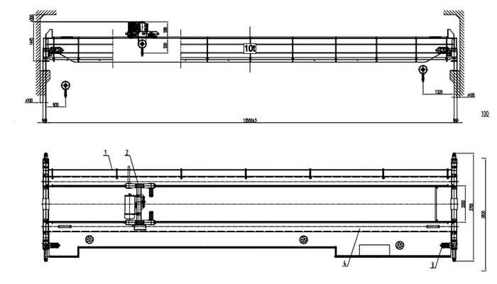 Double Girder Overhead Crane 10 Ton S13.5m H18m High Lift with Crab Wire Rope Hoist Drawing (380V 50Hz, P30 Rail)