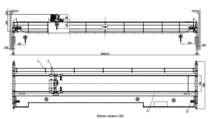 Double Girder Overhead Crane 10 Ton S20m H7m Full VFD 90m Runway Deflection Span/900 with Crab Wire Rope Hoist Drawing (415V 50Hz, P30 Rail)