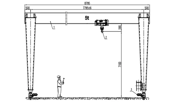 European Single Girder Gantry Crane 5 Ton S7.795m H8.1m Total Width 8.795m Drawing with NR Hoist (P22 Rail, M5)